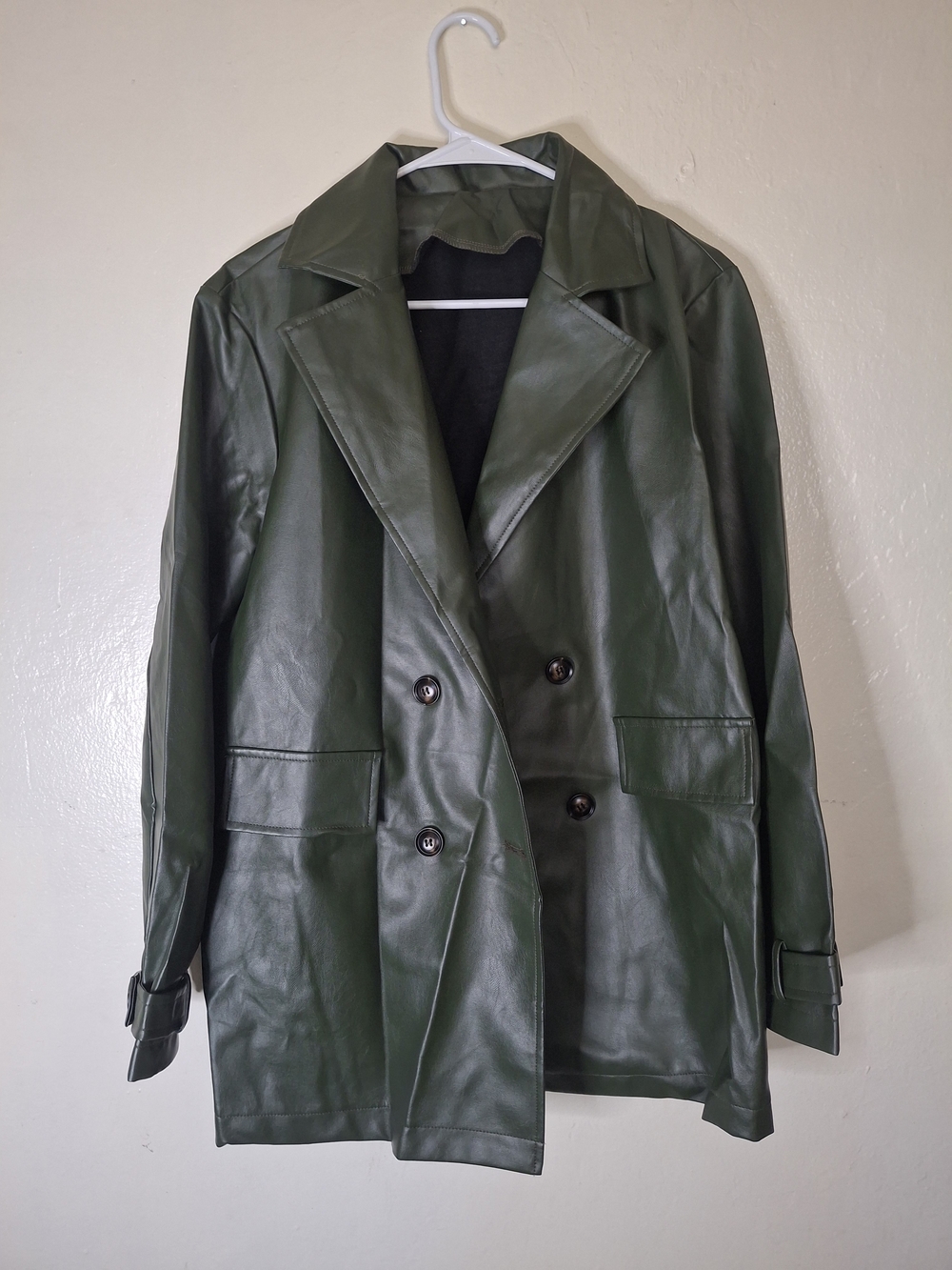 SHEIN Dark Green Faux Leather Double-Breasted Jacket